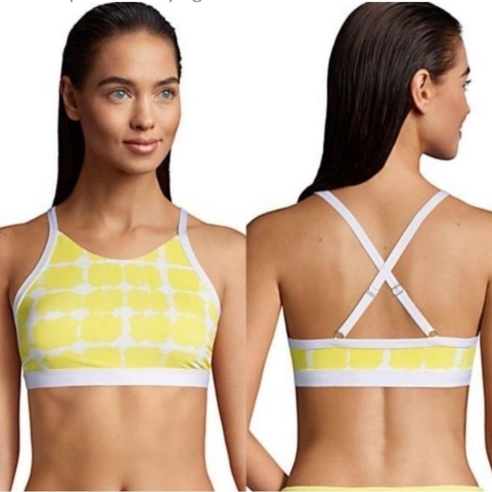 LANDS END ScoopNeck X Back Sports Bra Bikini Top Laguna Pineapple Bliss Yellow